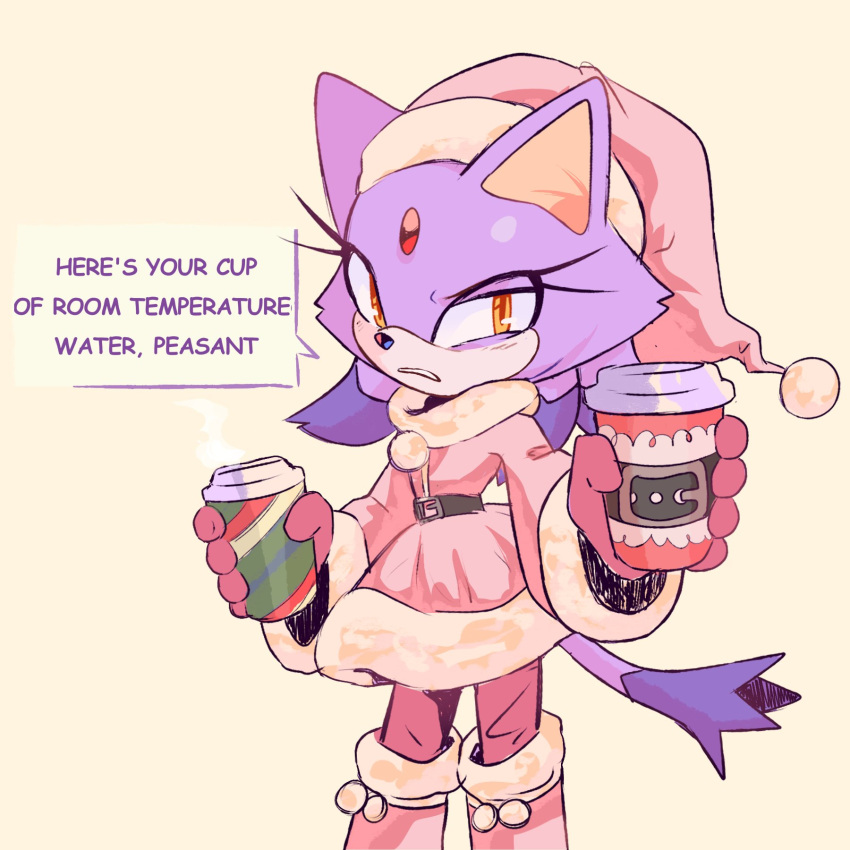 anthro blaze_the_cat blush christmas christmas_clothing christmas_headwear clothing costume disgust domestic_cat english_text felid feline felis female forehead_gem fur hat headgear headwear hi_res holidays humanoid mammal santa_costume santa_hat sega solo sonic_the_hedgehog_(series) spinstellar text yellow_eyes