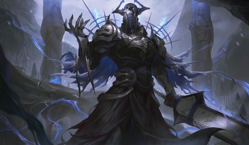 1boy armor aura black_armor black_cloak blue_eyes blue_fire chinese_commentary cloak commentary_request cowboy_shot fate/grand_order fate_(series) fire full_armor glowing glowing_eyes highres holding holding_sword holding_weapon horns jjgggiegie king_hassan_(fate) male_focus mask skull skull_mask sky solo spikes sword torn_cloak torn_clothes weapon