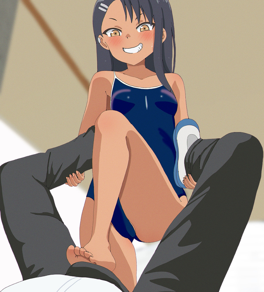 1boy 1girl aruman bare_shoulders barefoot bdsm black_hair black_pants blue_one-piece_swimsuit blurry blurry_background blush breasts brown_eyes bulge cbt collarbone commentary competition_school_swimsuit crotch_stomping dark-skinned_female dark_skin denki_anma femdom grin groin hachiouji_naoto hair_ornament hairclip highres holding_another's_leg ijiranaide_nagatoro-san indoors knee_up legs_up long_hair looking_at_another looking_down lying nagatoro_hayase on_back pants school_swimsuit shirt shoes small_breasts smile soles stepped_on stomping swimsuit toes uwabaki v-shaped_eyebrows white_shirt