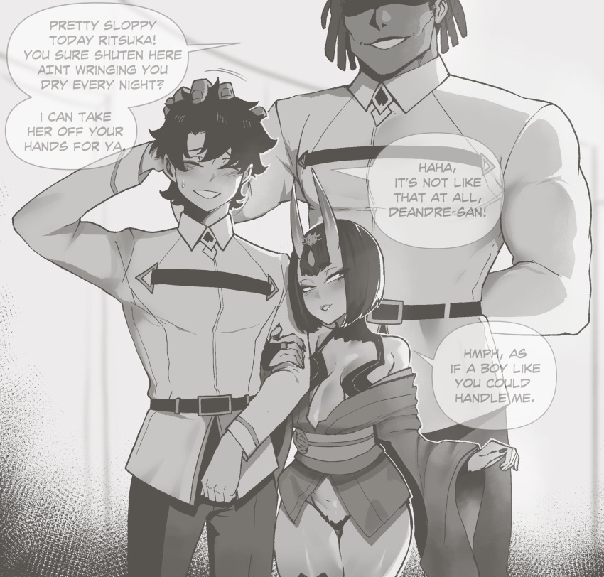 1girl 2boys arm_behind_back arm_behind_head arm_hug bob_cut breasts bridal_gauntlets chaldea_uniform dark-skinned_male dark_skin english_commentary english_text fate/grand_order fate_(series) fujimaru_ritsuka_(male) hair_between_horns hand_on_another's_head head_out_of_frame height_difference highres horns japanese_clothes kimono monochrome multiple_boys naughty_face nyantcha off_shoulder oni_horns panties pantyshot rape_face revealing_clothes short_hair short_kimono shuten_douji_(fate) skin-covered_horns small_breasts speech_bubble sweatdrop thighhighs underwear wide_hips