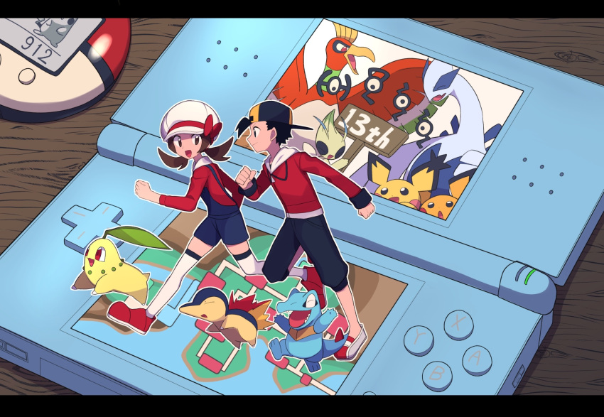 1boy 1girl backwards_hat baseball_cap black_hair black_headwear black_pants blue_overalls bow brown_eyes brown_hair cabbie_hat celebi chikorita clenched_hands closed_mouth commentary_request cyndaquil ethan_(pokemon) handheld_game_console hat hat_bow highres ho-oh jacket long_hair long_sleeves lugia lyra_(pokemon) nintendo_ds outline overalls pants pichu pikachu pokemon pokemon_(creature) pokemon_(game) pokemon_hgss pokewalker red_bow red_footwear red_jacket red_shirt shirt shoes short_hair thighhighs totodile twintails tyako_089 unown white_headwear
