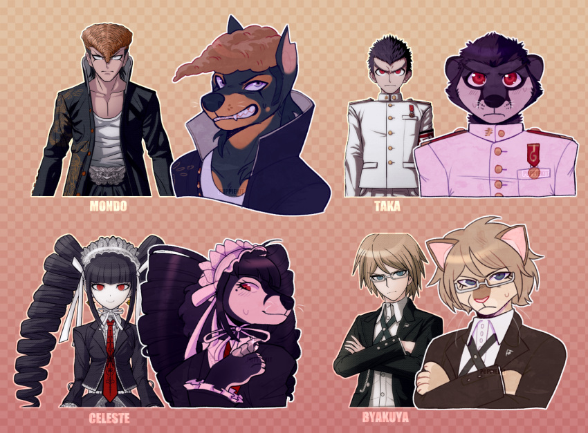 2020 alternate_species anthro black_body black_fur black_hair black_nose blonde_hair blue_eyes bodily_fluids bonnet brown_body brown_fur brown_hair bust_portrait byakuya_togami canid canine canis celestia_ludenberg checkered_background claws clothed clothing crossed_arms danganronpa digital_media_(artwork) dobermann domestic_cat domestic_dog drill_curls eyebrows eyelashes eyewear fangs felid feline felis female fur furrification glasses grey_eyes hair headgear headwear human kiyotaka_ishimaru long_hair looking_at_viewer lutrine male mammal medal mondo_owada multicolored_body multicolored_fur multiple_images mustelid outline pattern_background pink_nose pinscher pompadour portrait puppiekit red_eyes sharp_teeth short_hair simple_background smile solo sweat teeth two_tone_body two_tone_fur whiskers white_body white_fur white_outline yellow_body yellow_fur