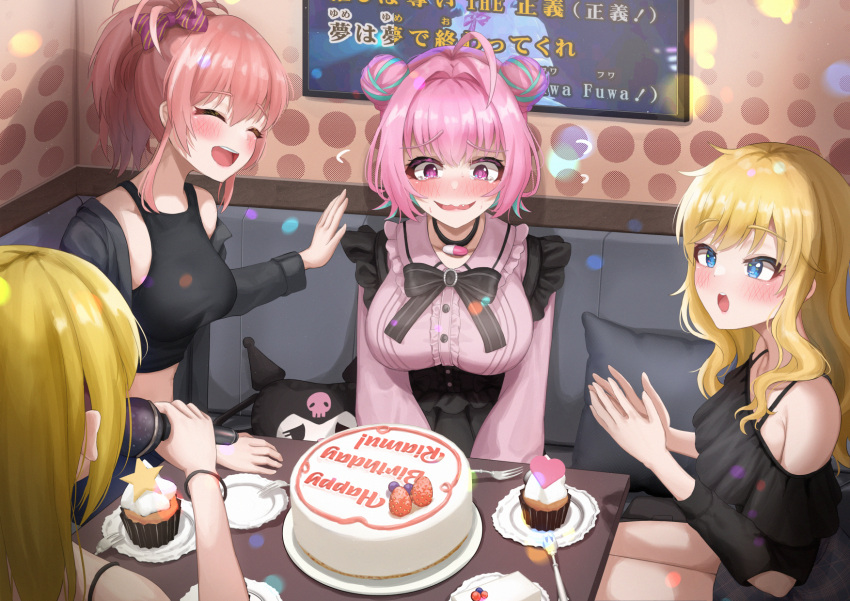 4girls ahoge bangs birthday_cake black_ribbon blonde_hair blue_eyes blue_hair blush breasts cake cupcake double_bun english_text food from_behind fruit fujimoto_rina hair_between_eyes hair_bun hands_up highres holding holding_microphone idolmaster idolmaster_cinderella_girls indoors iro_(boo_iro) jougasaki_mika karaoke large_breasts microphone multicolored_hair multiple_girls neck_ribbon nose_blush ohtsuki_yui pill pillow pink_eyes pink_hair raised_eyebrows ribbon sitting skirt smile teeth thighs two-tone_hair upper_teeth yumemi_riamu