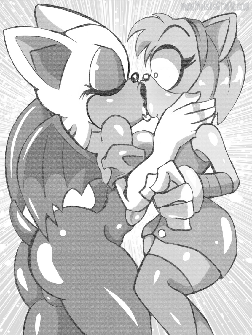 amy_rose anthro breasts butt chiropteran constricted_pupils duo eulipotyphlan eyebrows eyes_closed female greyscale half-closed_eyes hedgehog hi_res holding_head kissing lips mammal moisesgrafic monochrome narrowed_eyes pupils raised_eyebrow rouge_the_bat sega small_pupils sonic_boom sonic_the_hedgehog_(series) surprise surprise_kiss thick_lips wings