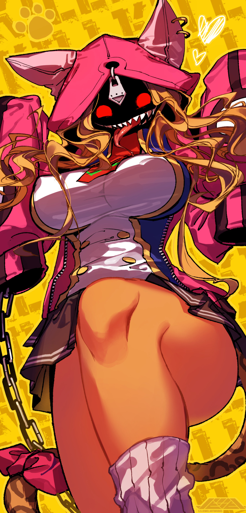 absurdres animal_hood blazblue blazblue_remix_heart blonde_hair bow breasts cat_girl cat_hood chachakaka chain commentary_request dark-skinned_female dark_skin earrings from_below heart highres hood hoodie jacket jewelry juerucj large_breasts miniskirt pleated_skirt red_eyes sharp_teeth skirt sleeves_past_fingers sleeves_past_wrists socks tail tail_bow tail_ornament teeth tongue tongue_out