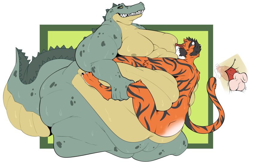 alligator alligatorid anthro balls_deep belly_fucking big_butt bodily_fluids butt caring crocodilian duo electro_tiger felid hi_res leg_grab looking_pleasured male male/male mammal moob_suck obese overweight pantherine penetration reptile scalie size_difference smokii sweat thick_tail tiger