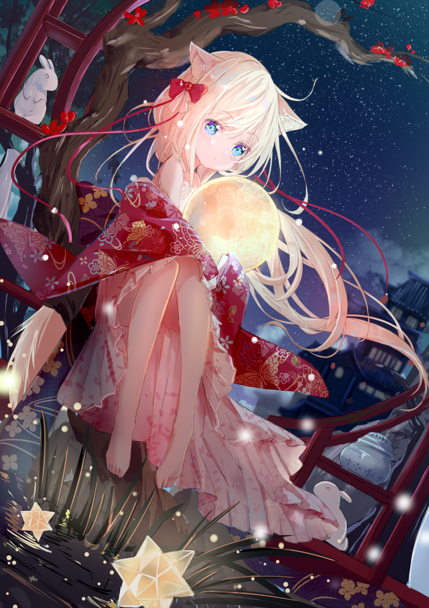 1girl absurdres animal_ear_fluff animal_ears bangs bare_tree barefoot blonde_hair blue_eyes blush bow closed_mouth commentary_request floating_hair flower fox_ears frilled_kimono frills hair_bow highres japanese_clothes kimono long_hair long_sleeves looking_at_viewer night night_sky original peas_(peas0125) red_bow red_flower red_kimono revision sitting sky sleeves_past_fingers sleeves_past_wrists solo star_(sky) starry_sky tail tree very_long_hair