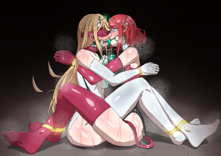 2girls animal_collar ball_gag bangs bdsm blindfold blonde_hair bondage bound bound_ankles bound_together bound_wrists breast_press breasts collar gag highres kiss large_breasts linked_collar linked_gag long_hair multiple_girls mythra_(radiant_beach)_(xenoblade) mythra_(xenoblade) o-ring official_alternate_costume on_floor pussy_juice pyra_(pro_swimmer)_(xenoblade) pyra_(xenoblade) red_hair red_one-piece_swimsuit red_thighhighs restrained short_hair sitting steaming_body sweat swept_bangs swimsuit thighhighs tiara white_one-piece_swimsuit white_thighhighs xenoblade_chronicles_(series) xenoblade_chronicles_2 yuri zetsu_red