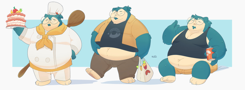 1boy absurdres bag bara belly black_shirt black_tank_top blue_fur brown_pants brown_shorts cake can chef chef_hat closed_eyes english_commentary fangs fat food furry furry_male hand_on_own_hip hand_on_own_stomach hat highres holding holding_bag holding_cake holding_can holding_food looking_to_the_side male_focus multiple_views navel orange_shirt pants plastic_bag plump pokemon pokemon_(creature) riisago round_eyewear shirt shorts sitting smile snorlax tank_top