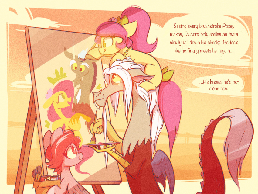 canvas chimera dial discord_(mlp) draconequus earth_pony english_text equid equine female fluttershy_(mlp) friendship_is_magic hair hi_res horse male mammal my_little_pony painting_(object) pegasus pink_hair pony ponytail posey_(g5) red_eyes scribble-potato text wings yellow_sclera