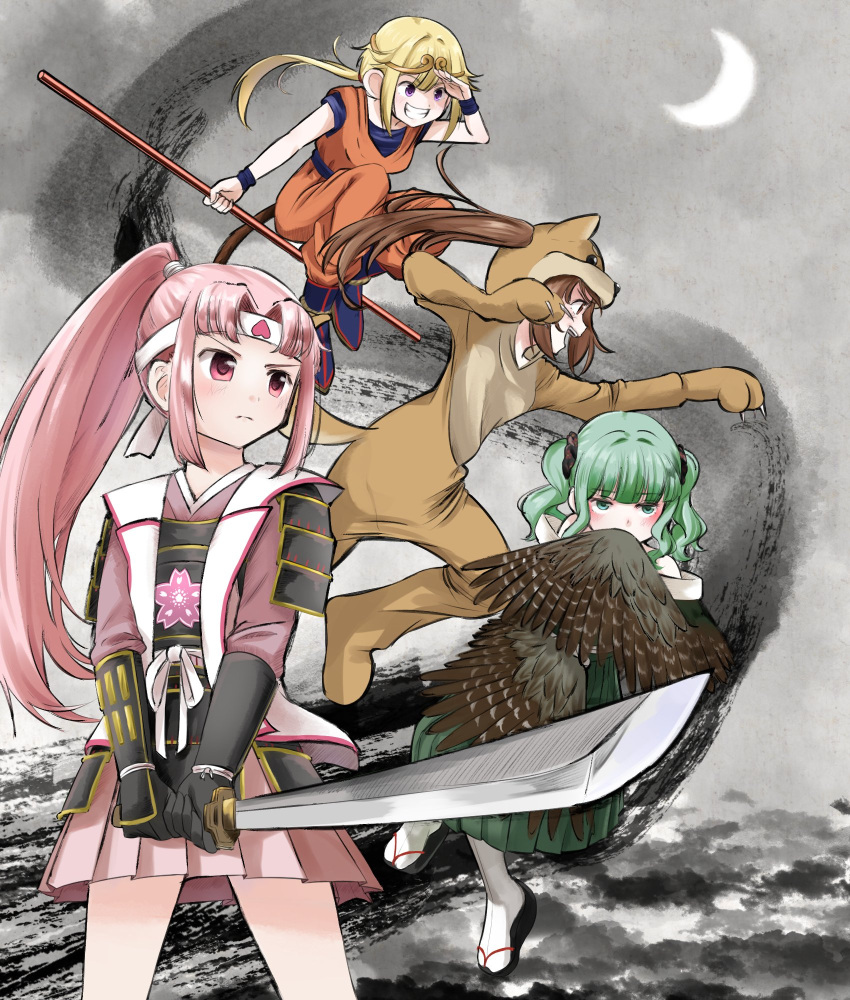 4girls alternate_costume armor bangs black_gloves blonde_hair blunt_bangs blush brown_eyes brown_hair closed_mouth clothing_request cosplay covering_mouth cowboy_shot crescent crown faux_traditional_media fighting_stance floating futaba_sana geta gloves green_eyes green_hair grey_background hair_intakes harpy headband highres holding holding_pole holding_sword holding_weapon japanese_armor kigurumi long_hair long_skirt looking_ahead magia_record:_mahou_shoujo_madoka_magica_gaiden mahou_shoujo_madoka_magica medium_hair miniskirt mitsuki_felicia momotarou momotarou_(character) momotarou_(character)_(cosplay) monster_girl monznyan multiple_girls pink_eyes pink_hair pink_skirt pleated_skirt pole ponytail purple_eyes ready_to_draw side_ponytail sidelocks sitting skirt socks sword tabi tamaki_iroha twintails vest wavy_hair weapon white_socks white_vest yui_tsuruno