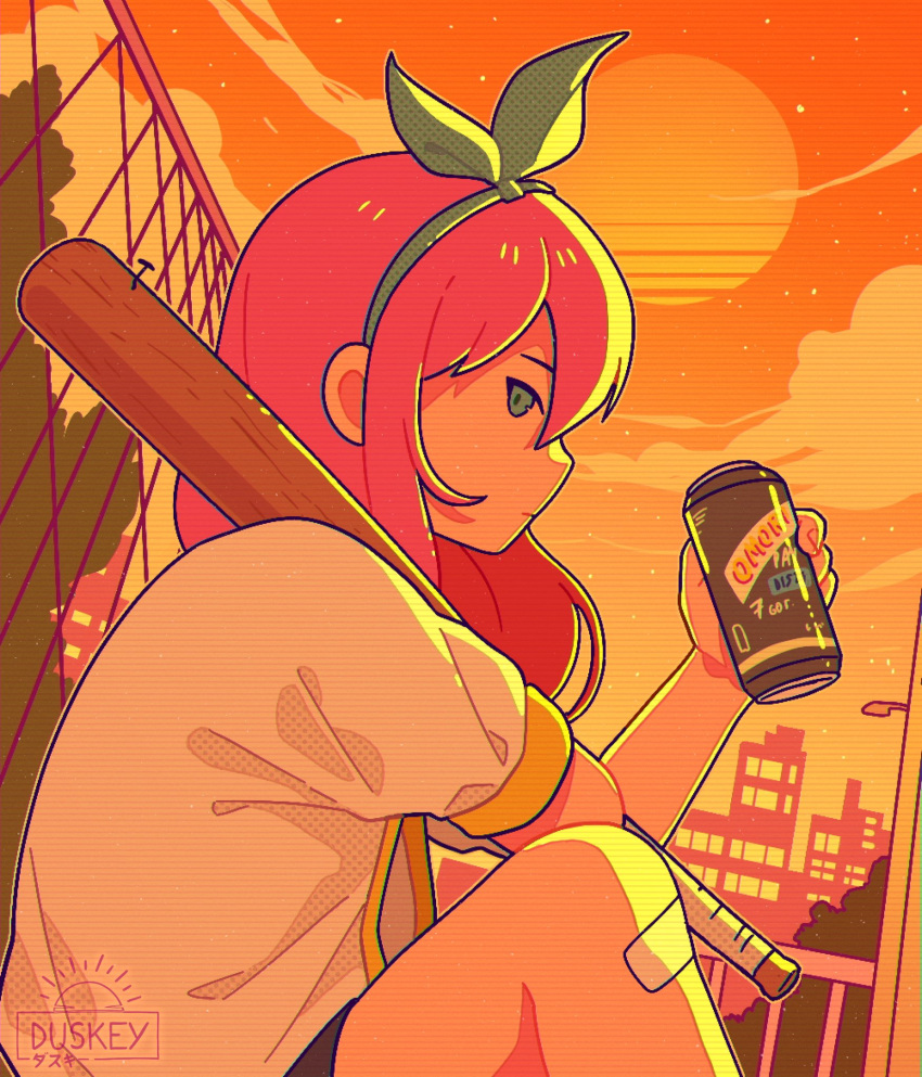 1girl aqua_hairband artist_name aubrey_(omori) bandaid bandaid_on_knee bandaid_on_leg baseball_bat bow_hairband building chain-link_fence city commentary duskey_(sunsetfoam) english_commentary evening fence from_side hairband highres jacket leaning_on_object long_hair looking_at_viewer looking_to_the_side omori open_clothes open_jacket orange_sky orange_theme outdoors pink_hair scanlines signature sitting sky solo sun sunset white_jacket