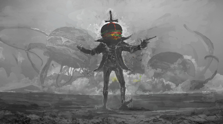 1other bleeding blood burger creature fog food grey_sky grey_theme gun highres holding holding_gun holding_weapon impaled injury jacket monochrome monster nekoprogram open_clothes open_jacket original science_fiction spot_color stab standing tentacles weapon
