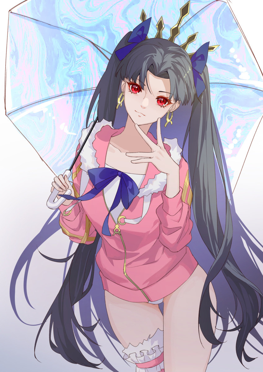 1girl absurdres bangs black_hair breasts danxing_aipangzi earrings fate/grand_order fate_(series) fur-trimmed_legwear fur_trim hair_ribbon highres hood hoodie hoop_earrings ishtar_(fate) ishtar_(swimsuit_rider)_(fate) jacket jewelry long_hair long_sleeves looking_at_viewer medium_breasts one-piece_swimsuit parted_bangs pink_hoodie pink_jacket pink_thighhighs red_eyes ribbon single_thighhigh solo swimsuit thighhighs thighs tiara two_side_up umbrella