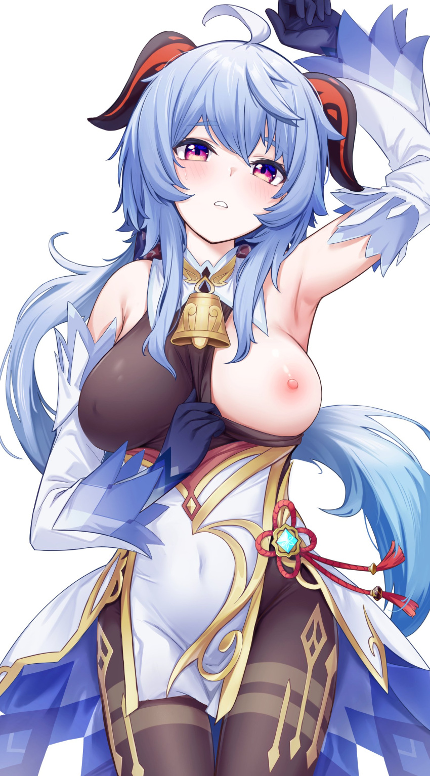 1girl absurdres ahoge arm_up armpits bangs bare_shoulders bell blue_gloves blue_hair blush borushichi breasts brown_pantyhose chinese_knot clothes_pull covered_navel cowboy_shot detached_sleeves flower_knot ganyu_(genshin_impact) genshin_impact gloves gold_trim highres horns long_hair looking_at_viewer low_ponytail medium_breasts neck_bell nipples one_breast_out pantyhose pulled_by_self purple_eyes sidelocks solo standing sweatdrop tassel thigh_gap thighlet thighs vision_(genshin_impact) white_sleeves