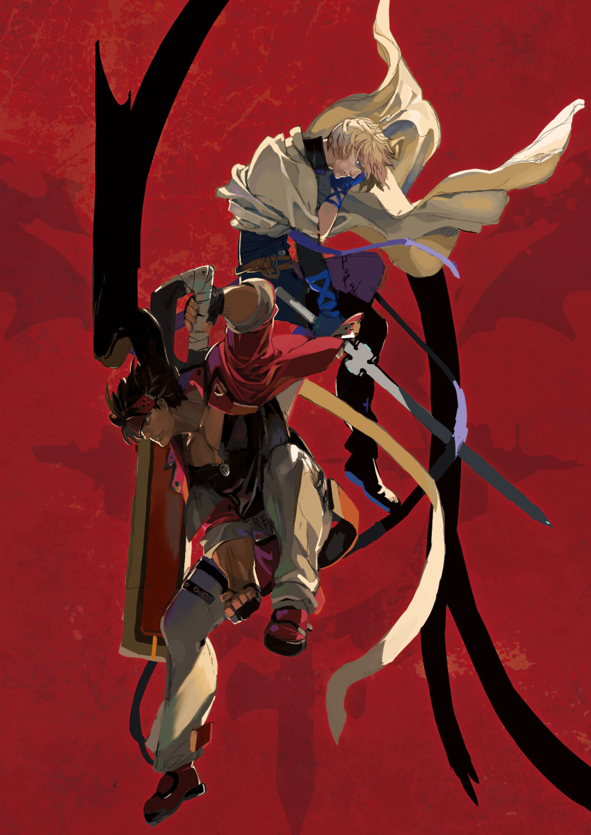 2boys abstract_background belt black_footwear black_gloves black_pants blonde_hair blue_eyes blue_gloves brown_hair clenched_hand closed_mouth coat collarbone commentary cover english_text expressionless fingerless_gloves forehead_protector full_body gloves grin guilty_gear guilty_gear_strive headband highres holding holding_sword holding_weapon ishiwatari_daisuke jacket ky_kiske long_hair long_sleeves looking_away looking_down male_focus multiple_boys muscular muscular_male official_art open_clothes open_shirt orange_eyes pants parted_lips pectoral_cleavage pectorals ponytail red_background red_footwear red_headband red_jacket scarf shoes short_hair smile sol_badguy sword turtleneck video_game_cover weapon white_coat white_pants