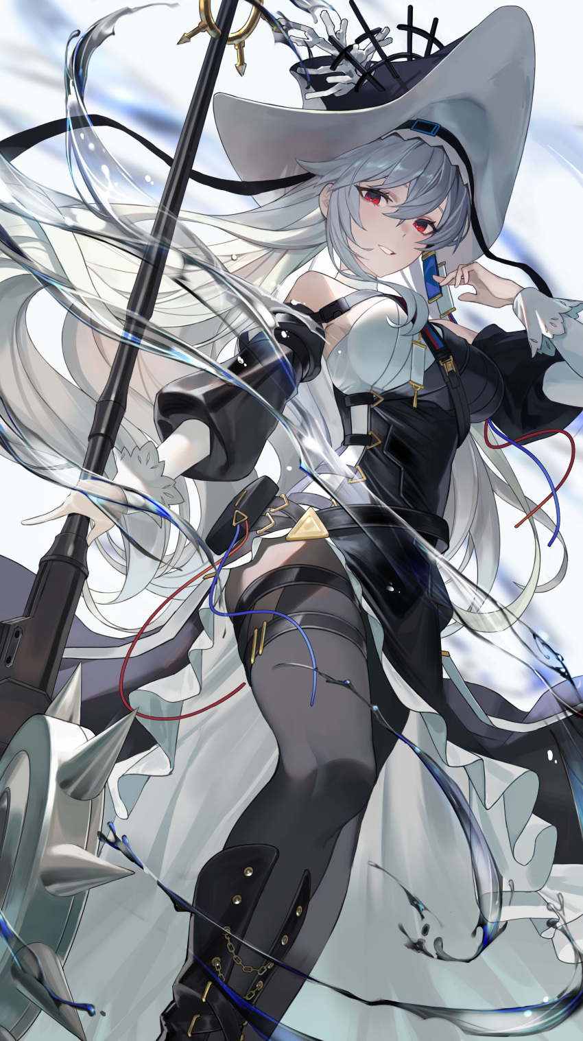 1girl absurdres arknights black_dress black_headwear circular_saw clothing_cutout dress dynamic_pose frilled_sleeves frills from_below grey_hair hat hidikan highres holding holding_weapon looking_at_viewer pantyhose red_eyes shoulder_cutout shoulder_strap smile solo specter_(arknights) specter_the_unchained_(arknights) thighhighs thighhighs_over_pantyhose two-tone_dress weapon white_dress white_sleeves wide_sleeves