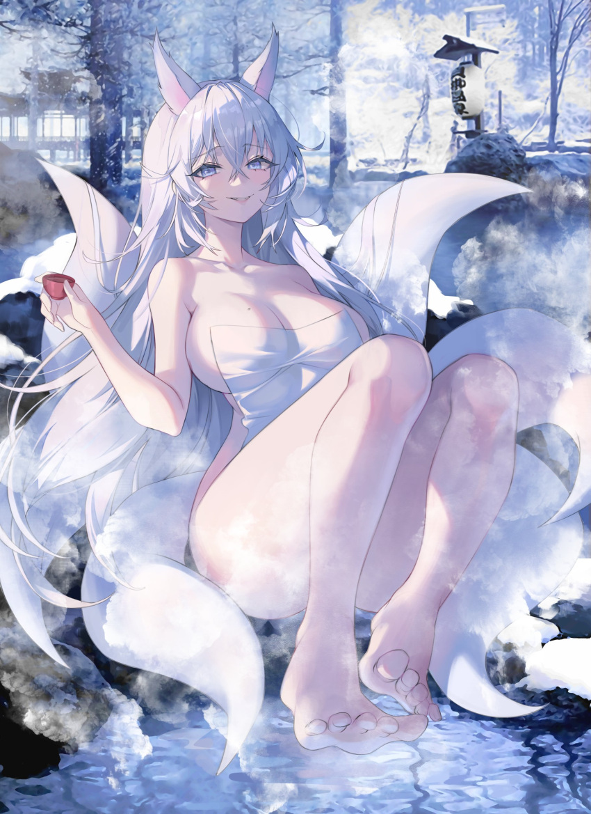 absurdres animal_ears bangs barefoot blue_eyes breasts choko_(cup) cleavage collarbone crossed_bangs cup english_commentary feet fox_ears full_body grin hair_between_eyes highres holding kitsune large_breasts looking_at_viewer mole mole_on_breast naked_towel oil_lamp original outdoors shadow sharp_teeth sitting smile solo steam steaming_body teeth thighs toes towel tree water white_hair whois winter