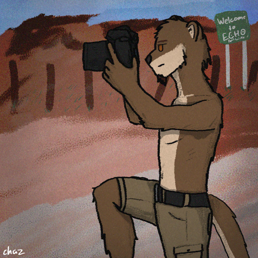 anthro biped camera chase_hunter chazthewolf desert echo_(game) echo_(series) echo_project lutrine male mammal mustelid shirtless sign signature solo video_games visual_novel