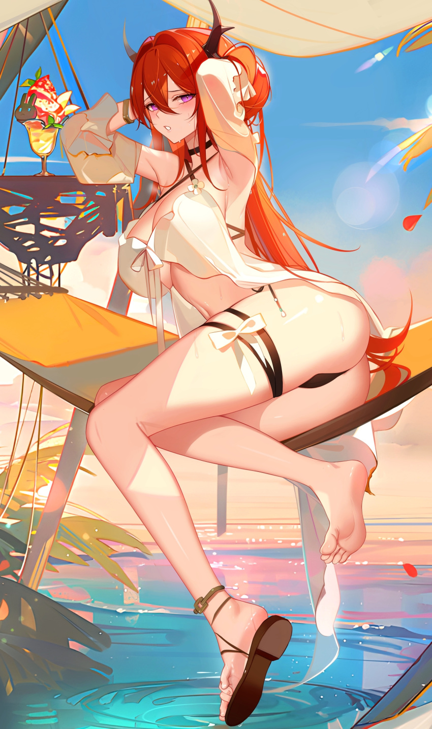 1girl absurdres arknights armpits ass ateoyh barefoot bikini bikini_under_clothes black_bikini black_choker blue_sky blush bracelet breasts chinese_commentary choker cleavage criss-cross_halter day demon_horns detached_sleeves food full_body furrowed_brow hair_intakes halterneck hammock hands_in_hair highres horns ice_cream jewelry large_breasts lens_flare lips long_hair looking_at_viewer navel ocean official_alternate_costume outdoors parted_lips petals purple_eyes red_hair ripples sandals single_sandal sitting skindentation sky soles solo sundae sunlight surtr_(arknights) surtr_(colorful_wonderland)_(arknights) sweat swimsuit swimsuit_cover-up thigh_strap