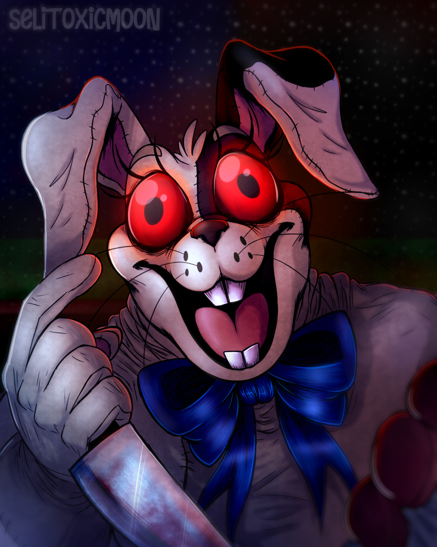 absurd_res animal_humanoid anthro blood blurred_background bodily_fluids bow_ribbon bow_tie buckteeth bunny_costume clothed clothing costume creepy female five_nights_at_freddy's five_nights_at_freddy's:_security_breach glowing glowing_eyes gore hi_res horror_(theme) humanoid knife lagomorph lagomorph_humanoid leporid leporid_humanoid mammal mammal_humanoid markings rabbit rabbit_ears rabbit_humanoid red_eyes scottgames selitoxicmoon shaded solo solo_focus suit teeth terror tongue vanny_(fnaf) video_games whisker_markings whisker_spots whiskers