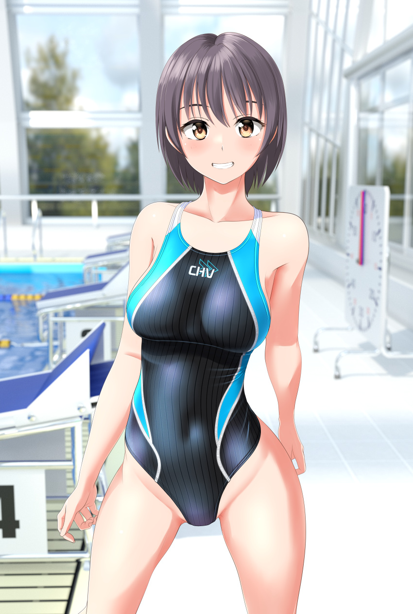 1girl absurdres black_one-piece_swimsuit breasts brown_eyes clock clothes_writing commentary_request competition_swimsuit contrapposto covered_navel cowboy_shot grey_hair grin groin highres indoors large_breasts looking_at_viewer multicolored_clothes multicolored_swimsuit one-piece_swimsuit original pool poolside short_hair smile solo starting_block striped striped_one-piece_swimsuit swimsuit takafumi