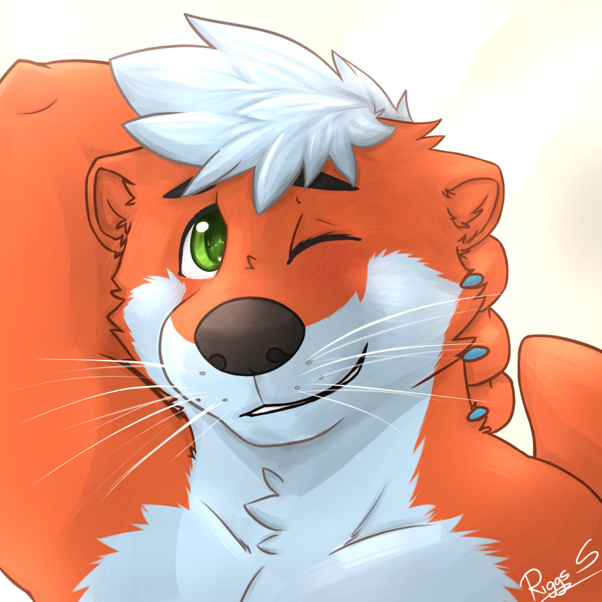 1:1 anthro black_eyebrows black_nose bust_portrait cheek_tuft eyebrows facial_tuft front_view fur glistening glistening_eyes green_eyes hair hand_behind_head hi_res looking_up lutrine male mammal messy_hair mustelid one_eye_closed orange_body orange_ears orange_fur orange_inner_ear pache_riggs portrait signature simple_background smile smirk solo tuft whiskers white_background white_body white_fur white_hair