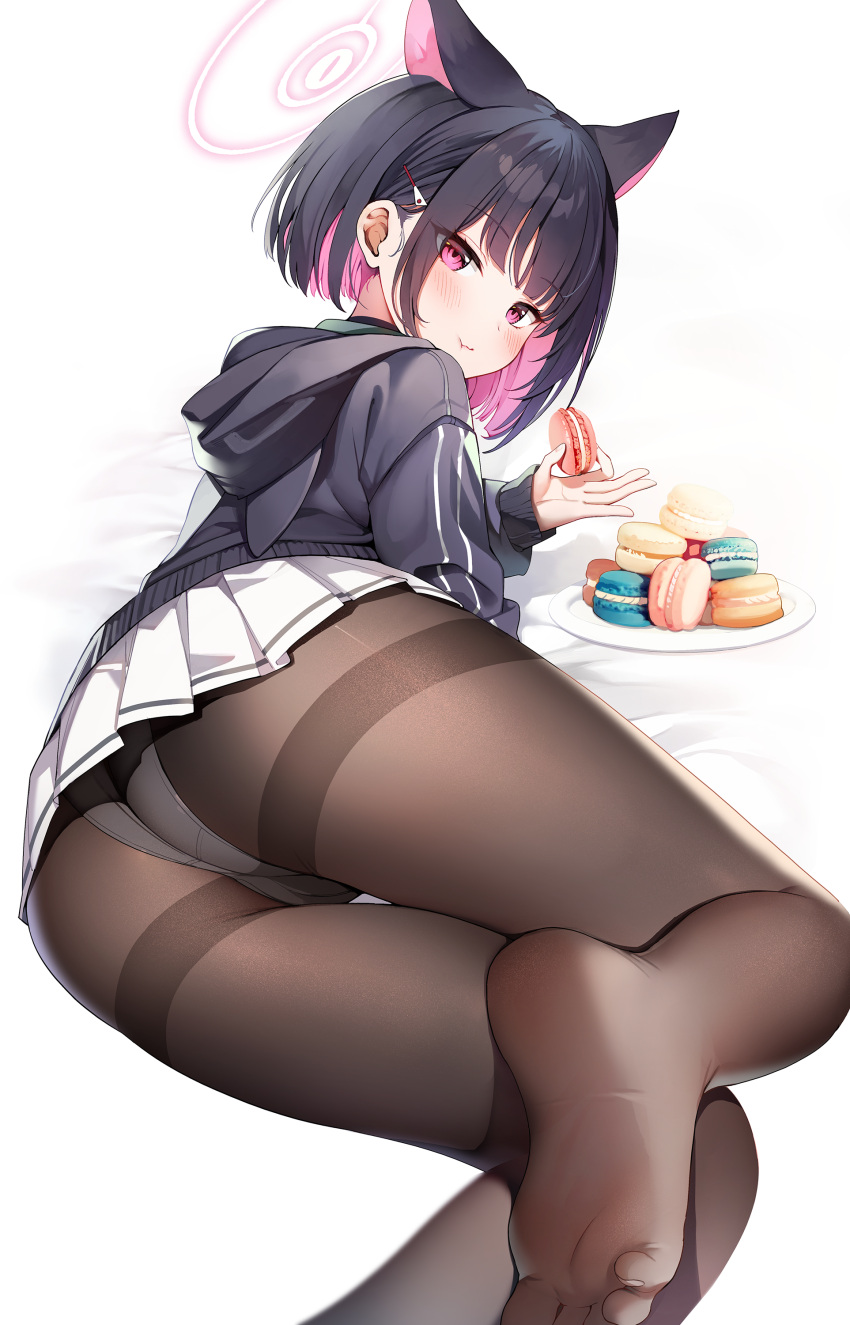 1girl :t absurdres animal_ears ass black_hair black_jacket blue_archive blush brown_pantyhose cat_ears colored_inner_hair commentary_request extra_ears eyes_visible_through_hair feet fine_fabric_emphasis food food_in_mouth foot_out_of_frame hair_ornament hairclip halo highres hood hood_down hooded_jacket jacket jehyun kazusa_(blue_archive) long_sleeves looking_at_viewer lying macaron miniskirt multicolored_hair no_shoes on_side panties panties_under_pantyhose pantyhose pink_eyes pink_hair plate pleated_skirt see-through see-through_legwear short_hair sidelocks skirt sleeves_past_wrists soles solo thighband_pantyhose thighs toes two-tone_hair underwear white_background white_panties white_skirt