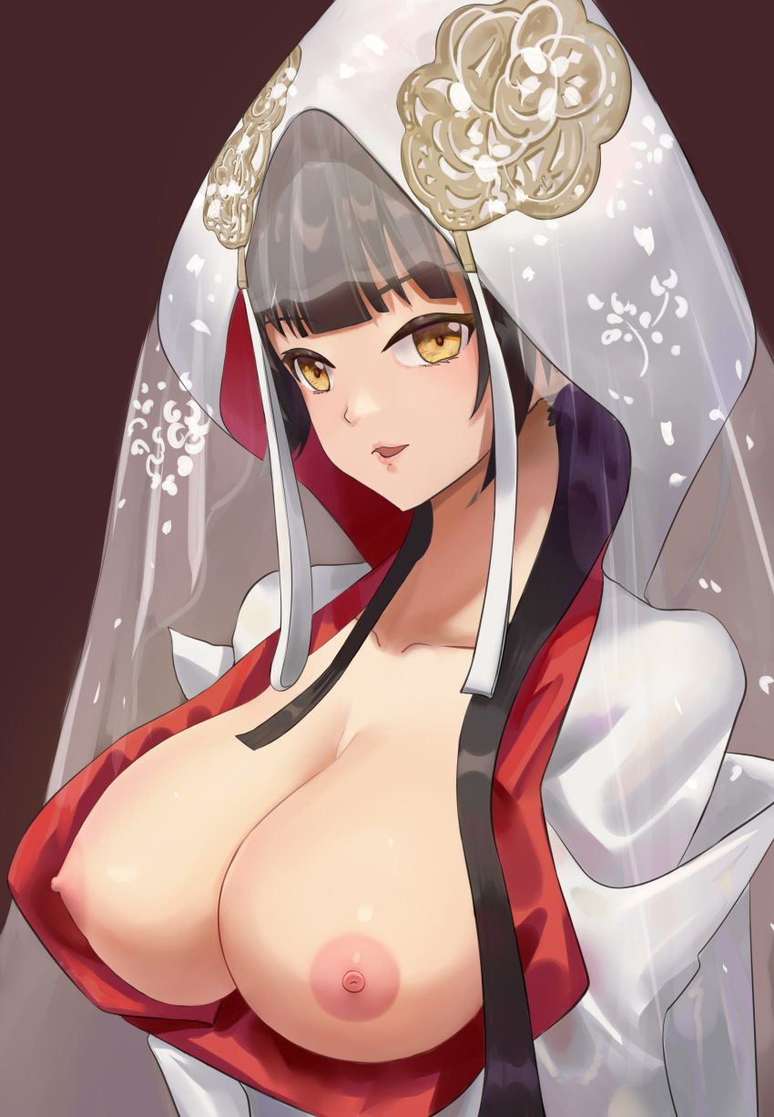 1girl absurdres azur_lane breasts breasts_out brown_background highres japanese_clothes kimono large_breasts looking_at_viewer nipples official_alternate_costume ruan_weidao simple_background solo takao_(azur_lane) takao_(sakura_hanami)_(azur_lane) upper_body wataboushi white_kimono yellow_eyes