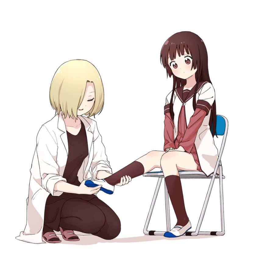 2girls 9so_(ponchon) black_hair black_pantyhose black_socks blonde_hair blush chair closed_eyes full_body labcoat long_hair looking_at_another matsumoto_rise multiple_girls nanamori_school_uniform nishigaki_nana on_chair open_mouth pantyhose red_eyes school_uniform shiny shiny_hair short_hair simple_background smile socks white_background yuru_yuri