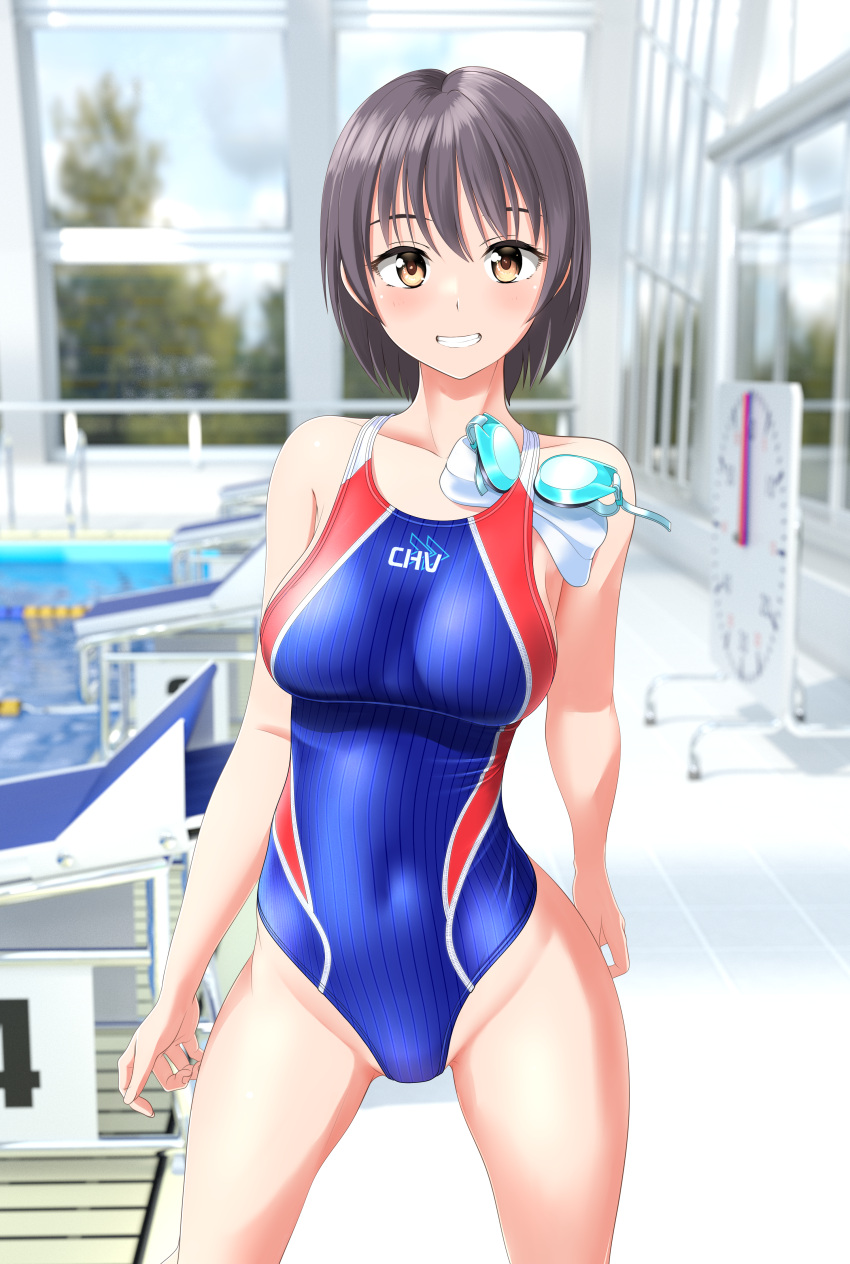 1girl absurdres blue_one-piece_swimsuit breasts brown_eyes clock clothes_writing commentary_request competition_swimsuit contrapposto covered_navel cowboy_shot goggles goggles_removed grey_hair grin groin highres indoors large_breasts looking_at_viewer one-piece_swimsuit original pool poolside short_hair smile solo starting_block striped_swimsuit swim_cap_removed swimsuit takafumi