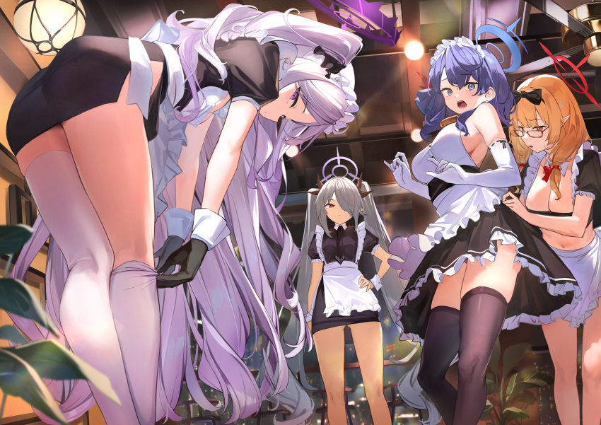 4girls 7gao ako_(blue_archive) alternate_costume apron ass bare_shoulders bell bent_over black_dress black_gloves black_shirt black_skirt black_thighhighs blonde_hair blue_archive blue_eyes blue_hair bow bowtie breasts chinatsu_(blue_archive) cleavage crop_top detached_collar dress elbow_gloves enmaided frilled_shirt frilled_skirt frills from_behind glasses gloves grey_hair hair_bow hair_over_one_eye hair_over_shoulder halo highres hina_(blue_archive) indoors iori_(blue_archive) large_breasts long_hair looking_at_viewer looking_back maid maid_apron maid_headdress midriff miniskirt multiple_girls navel neck_bell one_side_up open_mouth orange_eyes pointy_ears purple_eyes red_eyes shirt short_dress side_slit skirt sleeveless sleeveless_shirt small_breasts standing stomach taut_clothes taut_dress thighhighs thighs twintails undressing very_long_hair waist_apron white_gloves white_hair white_shirt white_thighhighs wrist_cuffs zettai_ryouiki