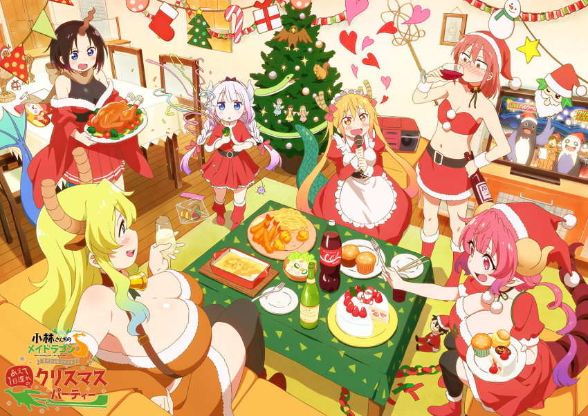 6+girls alcohol bikini black_thighhighs blonde_hair blue_eyes braid breasts brown_hair cake christmas christmas_tree cola dragon_girl dragon_horns dragon_tail elma_(maidragon) food french_fries fur-trimmed_headwear fur-trimmed_skirt fur_trim gradient_hair green_eyes green_hair hat highres horns huge_breasts ilulu_(maidragon) indoors kanna_kamui kobayashi-san_chi_no_maidragon kobayashi_(maidragon) large_breasts light_purple_hair long_hair lucoa_(maidragon) multicolored_hair multiple_girls official_art orange_eyes orange_hair pink_hair pleated_skirt purple_hair radio red_eyes red_hair red_skirt santa_bikini santa_costume santa_hat short_hair single_horn sitting skirt slit_pupils standing swimsuit tail television thighhighs tohru_(maidragon) turkey_(food) twin_braids twintails unusually_open_eyes very_long_hair