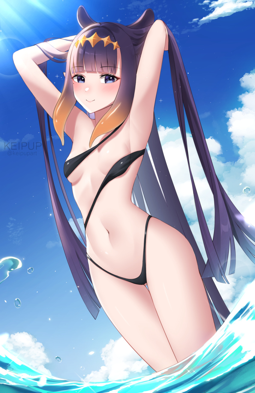 1girl animal_ears armpits arms_up bangs bare_arms bare_legs bare_shoulders bikini blue_eyes blunt_bangs blush breasts breasts_apart collarbone cowboy_shot dutch_angle flipped_hair headpiece highleg highleg_bikini highres hololive hololive_english keipup long_hair looking_at_viewer narrow_waist navel ninomae_ina'nis ocean orange_hair purple_hair revealing_clothes sky small_breasts smile summer sunlight swimsuit tentacle_hair thigh_gap very_long_hair virtual_youtuber wading