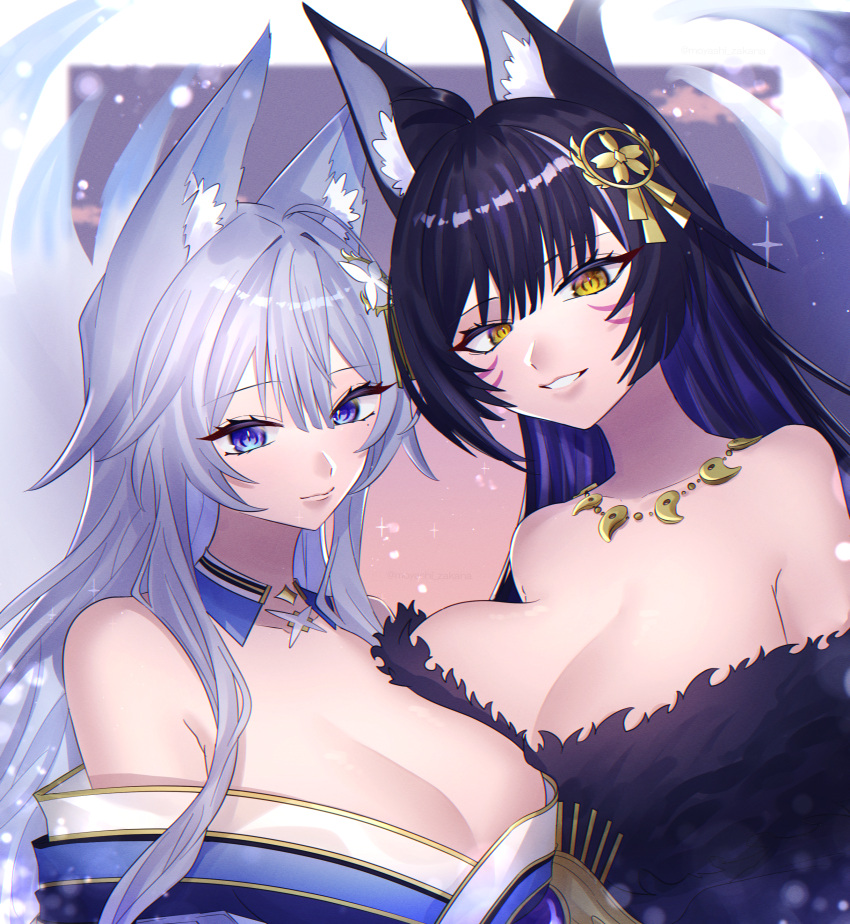 2girls absurdres animal_ear_fluff animal_ears azur_lane beads black_hair blue_collar blue_kimono breasts collar facial_mark fox_ears fox_girl fox_tail fur_trim highres imperial_japanese_navy japanese_clothes jewelry kimono kitsune large_breasts large_tail long_hair magatama magatama_necklace moyashi-zakana multiple_girls multiple_tails musashi_(azur_lane) necklace prayer_beads purple_eyes shinano_(azur_lane) skirt_under_kimono tail very_long_hair white_hair white_tail yellow_eyes