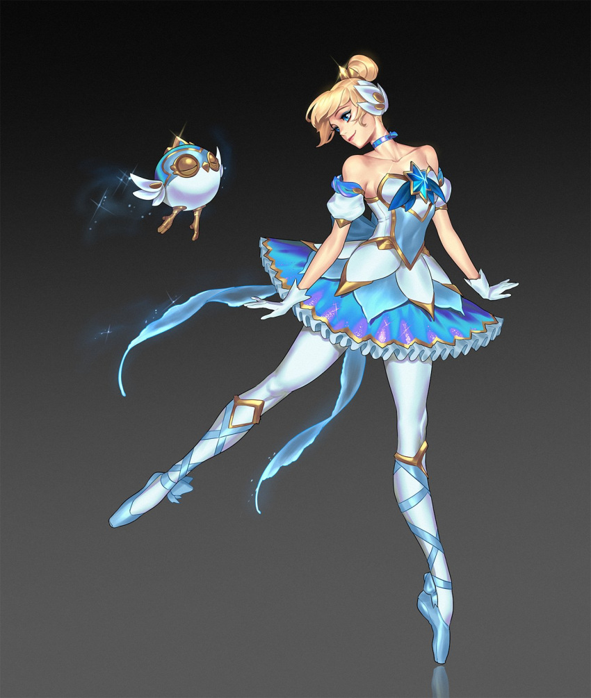 alternate_costume ballet_dress ballet_slippers bare_shoulders blonde_hair blue_eyes choker detached_sleeves gloves hair_bun hair_ornament highres league_of_legends league_of_legends:_wild_rift orianna_(league_of_legends) oskar_vega pantyhose puffy_detached_sleeves puffy_short_sleeves puffy_sleeves robot short_hair short_sleeves skirt smile sparkle star_(symbol) star_guardian_(league_of_legends) star_guardian_orianna star_guardian_pet white_gloves