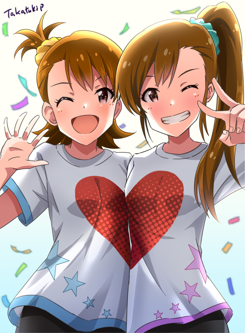 2girls ;d absurdres aqua_scrunchie brown_eyes brown_hair futami_ami futami_mami grin hair_ornament hair_scrunchie heart heart_print high_ponytail highres idolmaster idolmaster_(classic) long_hair looking_at_viewer multiple_girls one_eye_closed one_side_up open_mouth print_shirt scrunchie shiny shiny_hair shirt short_hair short_sleeves siblings side_ponytail sisters smile star_(symbol) star_print takatsuki_p twins white_shirt yellow_scrunchie