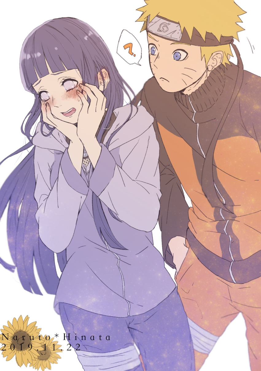 !? 1boy 1girl 2019 bangs black_hair black_headband black_jacket blonde_hair blue_eyes blunt_bangs blush character_name closed_mouth dated embarrassed floating_hair flower frown grey_eyes grey_sleeves hand_in_pocket headband highres hime_cut hood hood_down hooded_cardigan hyuuga_hinata jacket long_hair long_sleeves multicolored_clothes multicolored_jacket naruto_(series) naruto_shippuuden orange_jacket orange_pants pants purple_pants shiny shiny_hair short_hair spoken_interrobang straight_hair sunflower suzu_(tg_390) two-tone_jacket uzumaki_naruto very_long_hair white_background yellow_flower