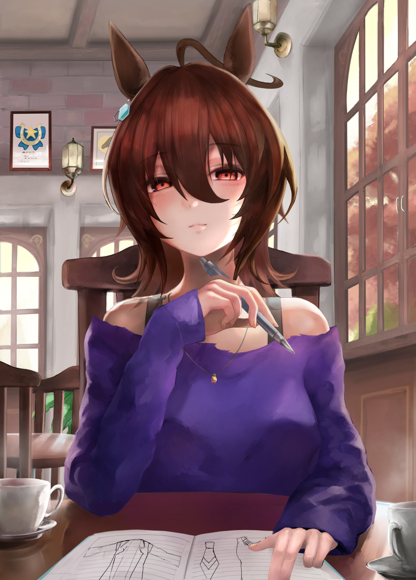 1girl absurdres agnes_tachyon_(umamusume) ahoge animal_ears brown_hair chair commentary_request cup earrings hair_between_eyes hamichin-kun highres holding holding_pen horse_ears horse_girl indoors jewelry long_sleeves looking_at_viewer necklace pen purple_shirt red_eyes shirt short_hair single_earring solo table teacup umamusume upper_body window