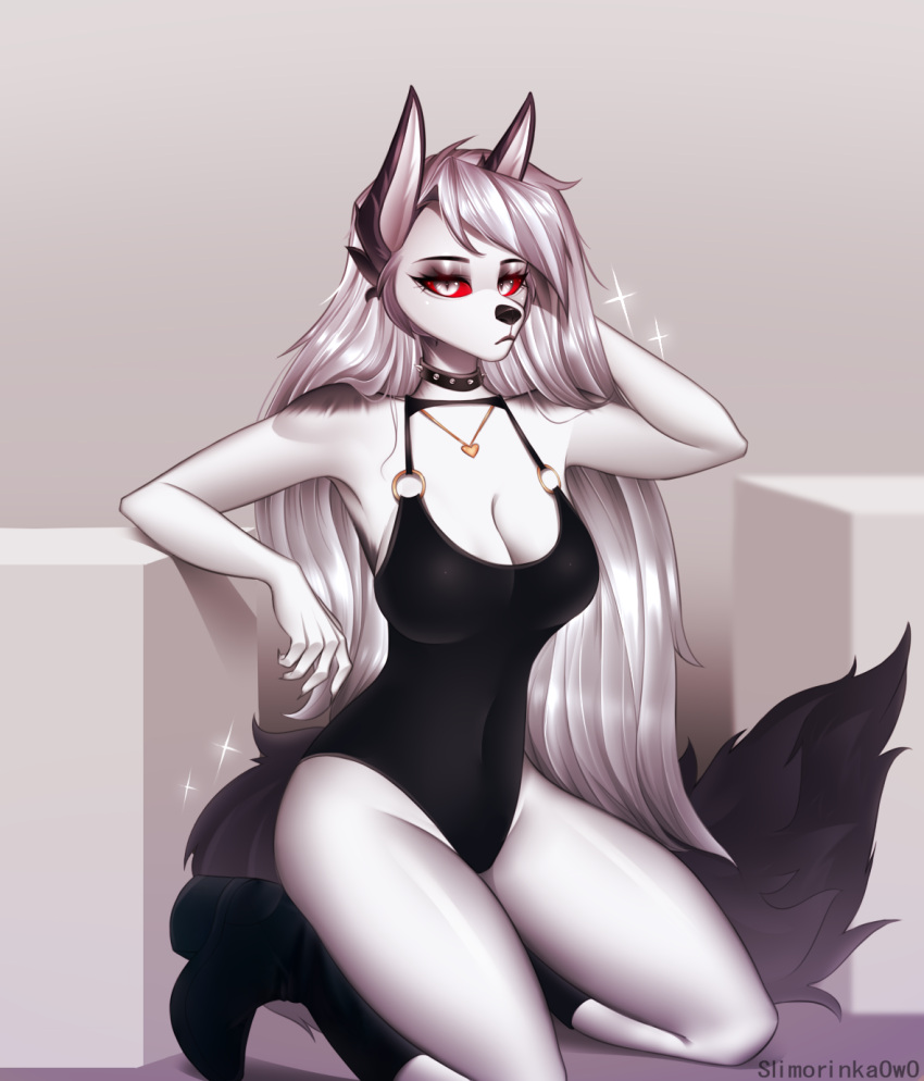 anthro breasts canid canid_demon cleavage clothed clothing demon dress female hair hellhound helluva_boss hi_res long_hair loona_(helluva_boss) mammal red_eyes slimorinkaowo solo