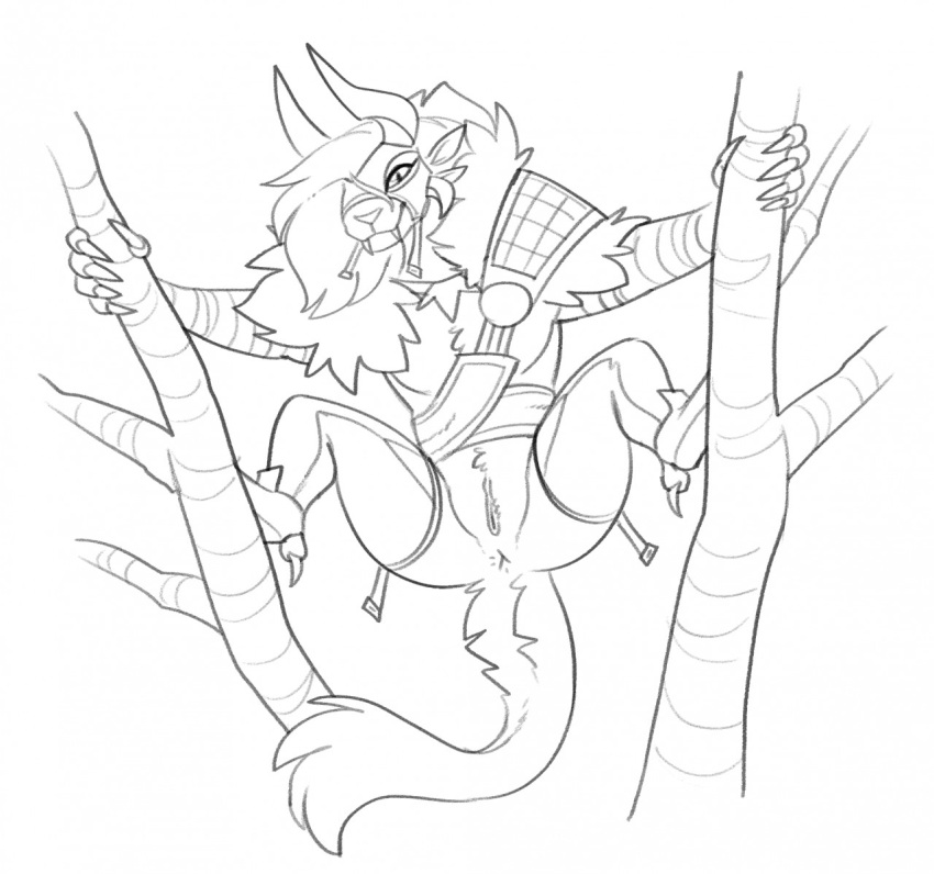 2022 4_ears 4_horns anthro anus armor biped butt charr claws digital_media_(artwork) fangs felid female finger_claws genitals guild_wars halbean horn in_tree mammal mask multi_ear multi_horn plant purna_whitewillow pussy simple_background sketch solo tree video_games white_background