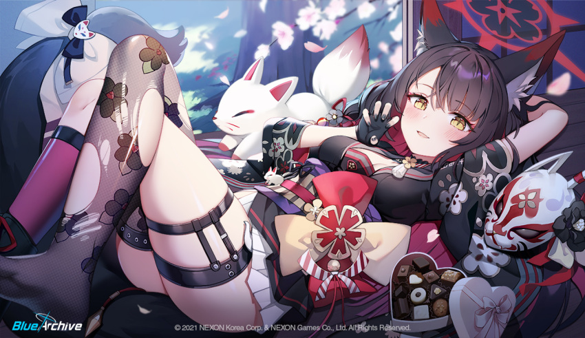 1girl animal_ear_fluff animal_ears asymmetrical_legwear bangs black_gloves black_hair black_nails black_serafuku blue_archive blue_bow blush bow box breasts cherry_blossoms chocolate claw_pose cleavage commentary company_name copyright_name crossed_legs english_commentary english_text fingerless_gloves foot_out_of_frame fox fox_ears fox_girl fox_hair_ornament fox_mask fox_tail garter_straps gloves grass hair_bow halo heart-shaped_box indoors jehyun large_breasts long_hair looking_at_viewer lying mask mismatched_legwear official_art on_back open_mouth school_uniform serafuku shouji sidelocks skirt sliding_doors slit_pupils solo tail torn_clothes torn_legwear tree valentine very_long_hair wakamo_(blue_archive) white_skirt wooden_floor yellow_eyes