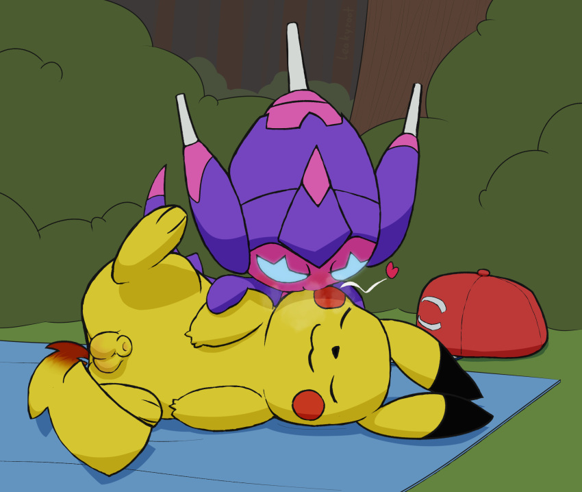 animal_genitalia blush forest generation_1_pokemon generation_7_pokemon genitals hi_res kissing_cheek leakyroot nintendo pikachu plant poipole pokemon pokemon_(species) sheath sleeping tree ultra_beast video_games