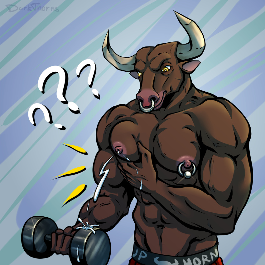 absurd_res anthro bodily_fluids bovid bovine breast_milking breasts cattle darkthorns exercise hi_res jock lactating male male_lactation mammal milk muscular muscular_male nipple_piercing nipples piercing solo workout workout_equipment