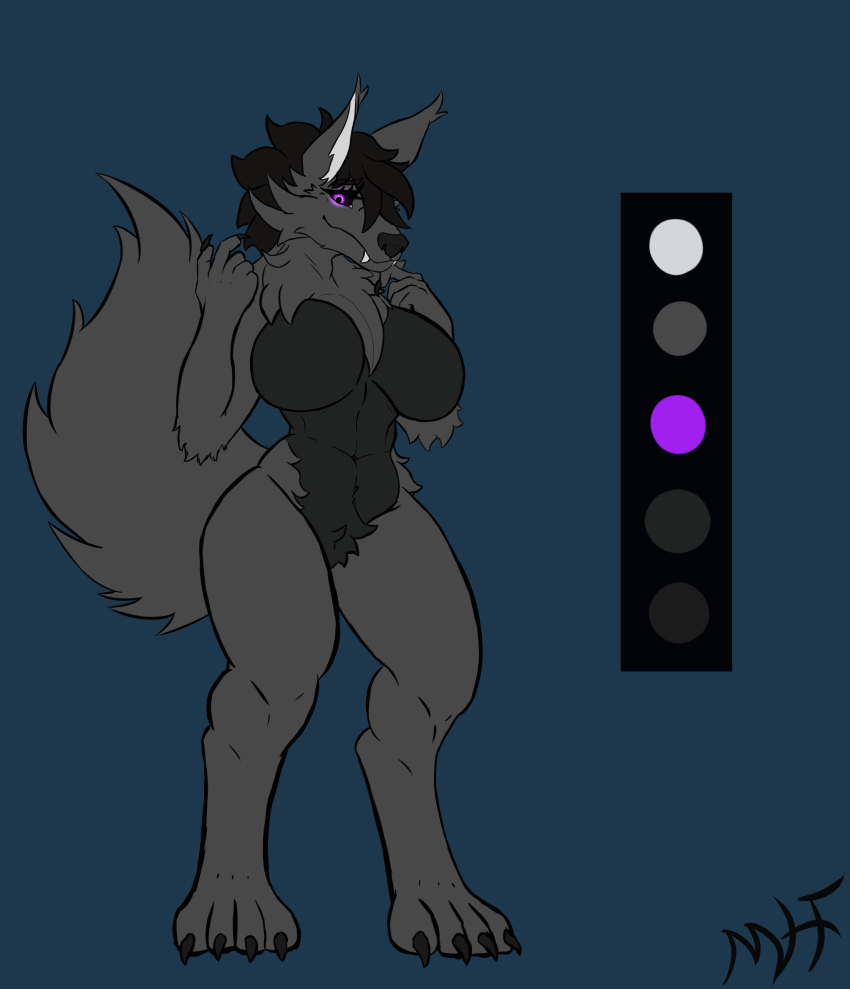 absurd_res alex_hvorostovsky anthro big_breasts black_body black_fur black_sclera breasts butt canid canine canis cheek_tuft chest_tuft claws colour_pallet digital_media_(artwork) facial_tuft featureless_breasts female fluffy fluffy_tail fur grey_body grey_fur hair hi_res huge_breasts looking_at_viewer maliborg mammal neck_tuft nude purple_eyes simple_background smile solo tuft wolf