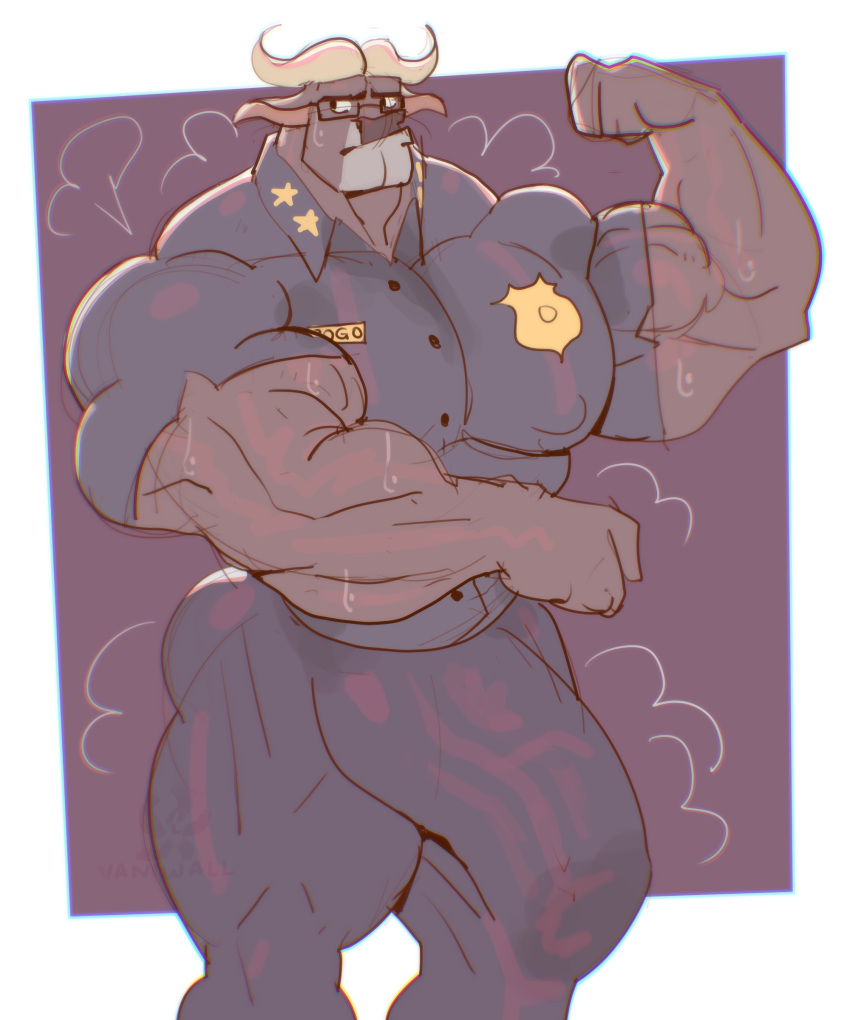 3_fingers absurd_res anthro balls barazoku big_balls big_biceps big_bulge big_butt big_muscles big_pecs big_penis black_nose blue_bottomwear blue_clothing blue_pants blue_shirt blue_topwear bodily_fluids bottomwear bovid bovine bulge butt cape_buffalo chief_bogo clothing disney eyewear fingers forearm_muscles fur genital_fluids genitals glasses grey_body grey_fur hi_res horn huge_balls huge_bulge huge_muscles huge_penis looking_away male mammal muscular muscular_anthro muscular_arms muscular_legs muscular_male musk musk_clouds pants pecs penis police police_officer police_uniform precum shirt solo sweat sweatdrop sweaty_armpit sweaty_arms sweaty_genitalia sweaty_legs sweaty_thighs thick_neck topwear uniform vaniwall vein veiny_muscles veiny_penis white_body white_fur zootopia