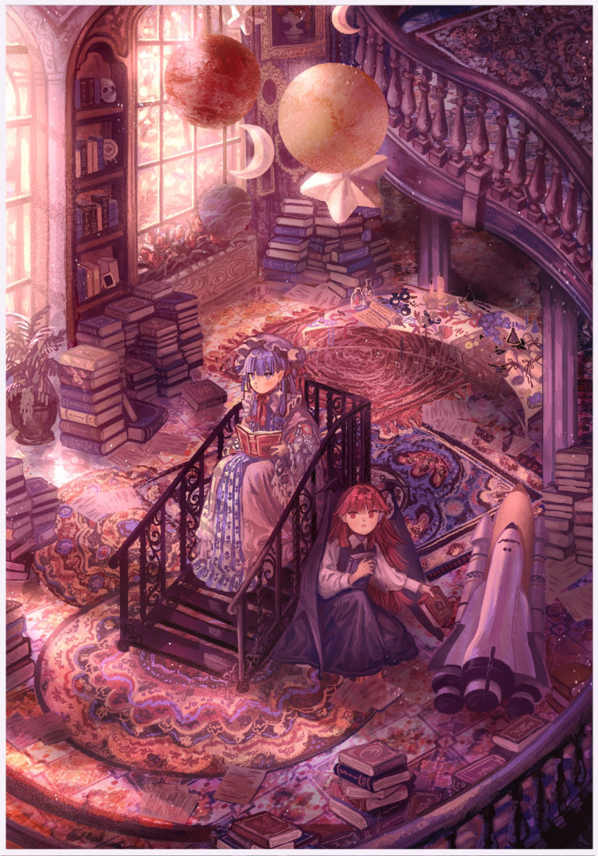 2girls bangs black_dress book book_stack bookshelf candle closed_mouth commentary crescent demon_girl demon_wings dress flask flower hat head_wings highres holding holding_book indoors k0nfette kneeling koakuma long_hair long_sleeves looking_at_viewer mob_cap multiple_girls open_book orb painting_(object) paper parted_lips patchouli_knowledge picking_up plant potted_plant purple_dress purple_eyes purple_hair railing red_eyes red_hair scenery shirt sitting skull space_shuttle spacecraft stairs star_(symbol) table touhou tube two-tone_dress white_dress white_headwear white_shirt wide_shot window wings