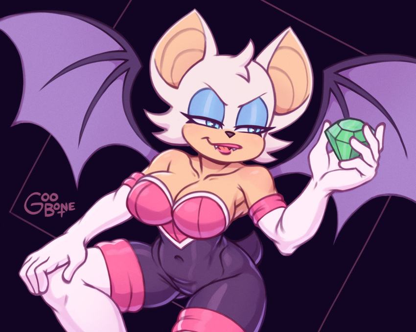 anthro blue_eyes blue_eyeshadow chiropteran clothing emerald_(disambiguation) eyeshadow fangs female fur goobone hi_res lipstick makeup mammal membrane_(anatomy) membranous_wings rouge_the_bat sega solo sonic_the_hedgehog_(series) tight_clothing white_body white_fur wings