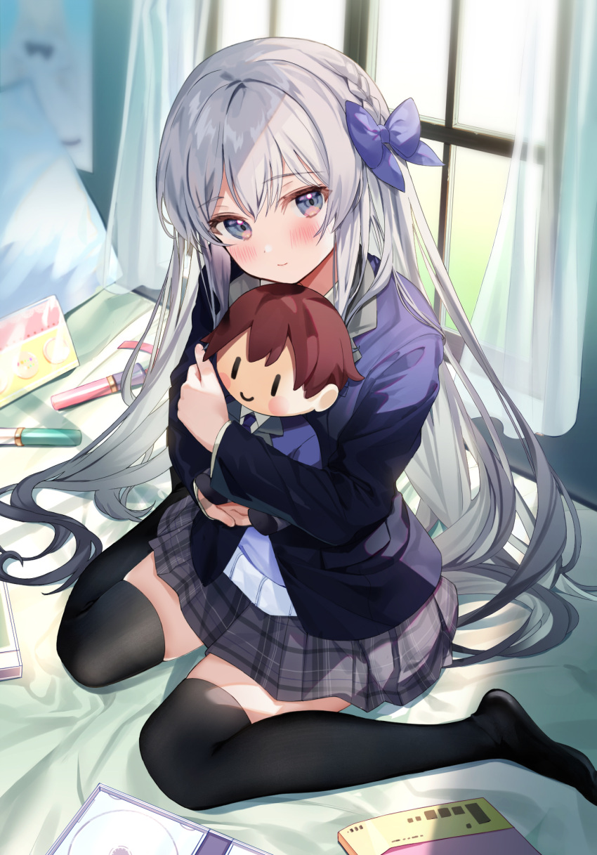 1girl bangs bed_sheet black_thighhighs blazer blue_bow blue_jacket blush bow braid character_doll closed_mouth commentary_request curtains doll_hug grey_eyes grey_hair grey_skirt hair_between_eyes hair_bow highres jacket kanda_done long_hair long_sleeves looking_at_viewer object_hug on_bed original pillow plaid plaid_skirt pleated_skirt school_uniform second-party_source shirt sitting skirt solo thighhighs transparent very_long_hair wariza white_shirt window
