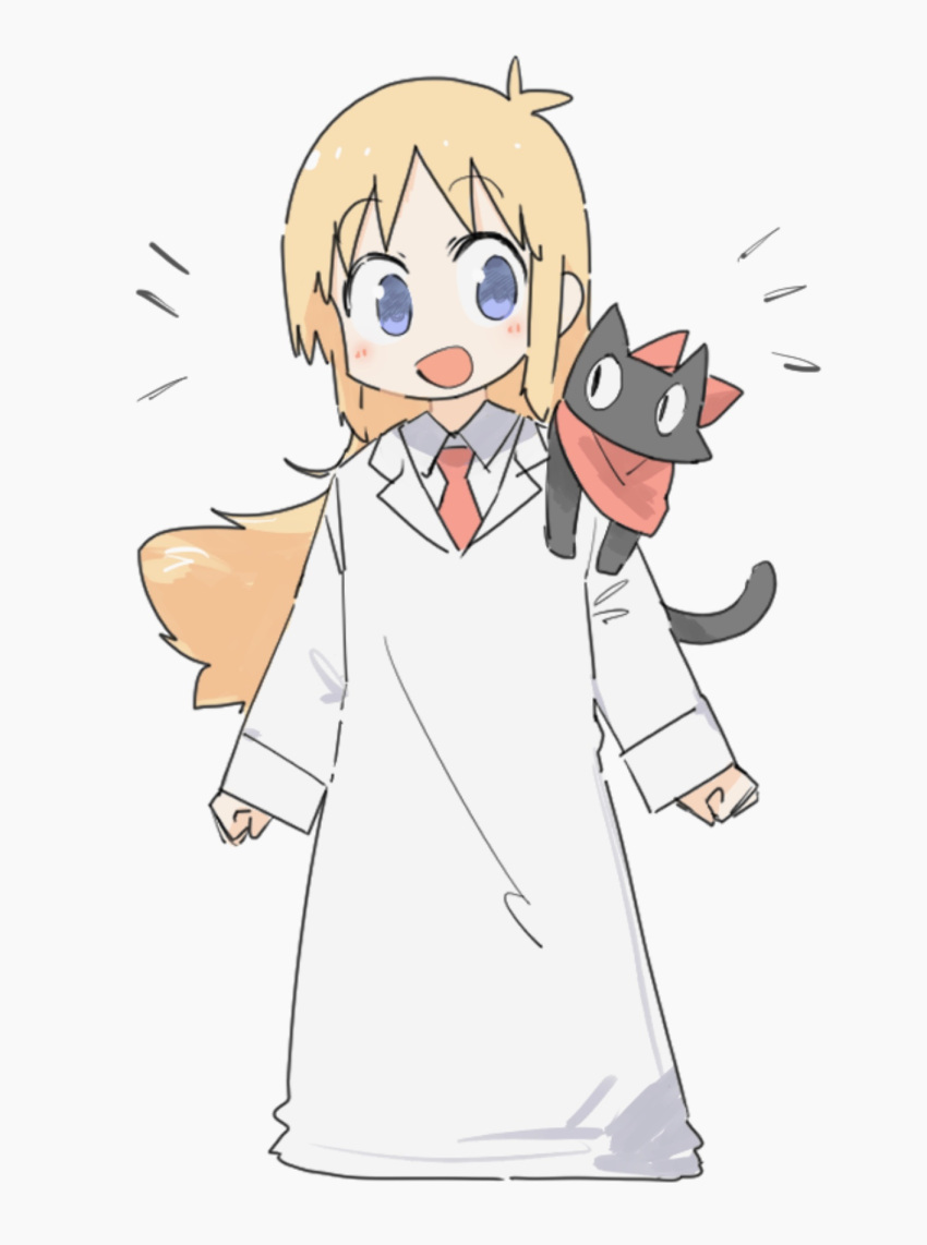 1girl :d animal_on_shoulder antenna_hair bandana black_cat blonde_hair blue_eyes buttergirl_02 cat cat_on_shoulder collarbone dress highres long_sleeves looking_at_another looking_at_viewer necktie nichijou open_mouth professor_shinonome red_bandana red_necktie sakamoto_(nichijou) simple_background smile white_background white_dress